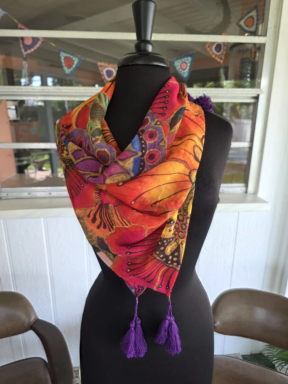 Laurel Burch Mandala Sheer Scarf Orange, Purple & Pink Floral Tassel Scarf